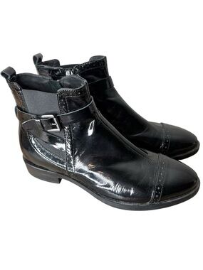GEOX Respira Black Patent Leather Donna Brogue Ankle Bootie Chelsea Buckle 9.5